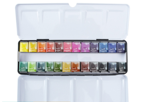 SeamiArt 24color Artist Grade Half Pan Solid Watercolor Set with 1pc Portable Metal Box