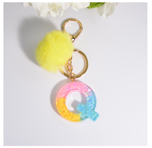 Fashion A-Z 26 Letters Iridescent Keychains Star Sequins Filling Resin Keyrings Women Bag Ornaments Exquisite Key Holder Charms Q