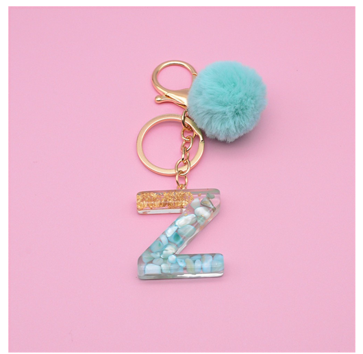 Cute Keyring Green Pompom Fur Ball 26 Letter Keychain Resin Key Chains Handbag Charms For Woman Ornaments Accessories Gift Z