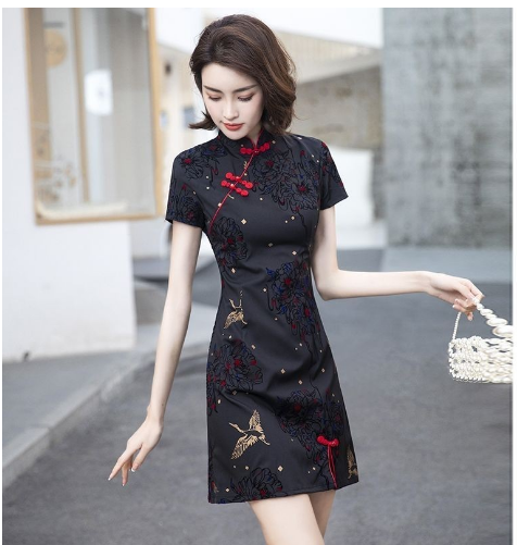 Black Cheongsam Women 2024 New Style Improved National Trendy Young Style Girl High-End Temperament Small Short Style Summer