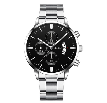 GENEVA Luxury Silver Mens Stainless Steel Analog Watches Mens Three Eyes Calendar Quartz Business Wristwatch Men Watch SILVER BLACK