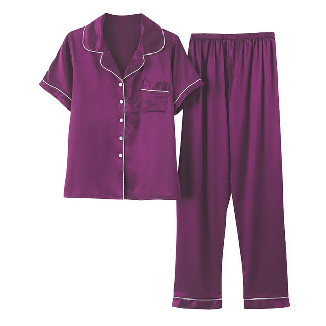 FallSweet Women Pajamas Sets Silk Solid Sleepwear Pyjamas Plus Size V Neck Nigtwear Sets (Purple)