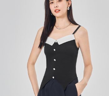 Lovito Women Elegant Plain Colorblock Button Tank Top L68ED065 Black
