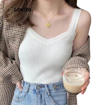 Lovito Casual Plain V Neck Sleeveless Rib Knit Tops for Women LNL01027 (White)
