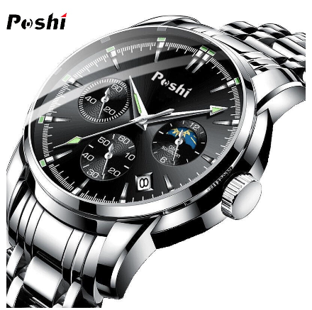 POSHI Men Watch Automatic Stainless Steel Waterproof Dive Sports Quartz Fashion Wristwatch SILVER BLACK