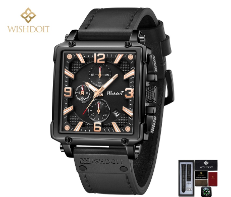 WISHDOIT Watch for Men Original Waterproof Sports Leather Strap Fashion Trend Calendar Luminous Square Watch BLACK GOLD