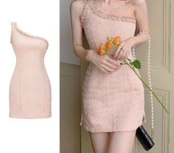 Lovito Women Elegant Plain Ruffle Neck Split One Shoulder Dress L65ED163Pink