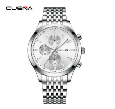 CUENA Original Men's Watches Fashion Brand Stainless Steel Gold Luxury Business Casual Water Resistant Quartz Analog Watch SILVER WHITE