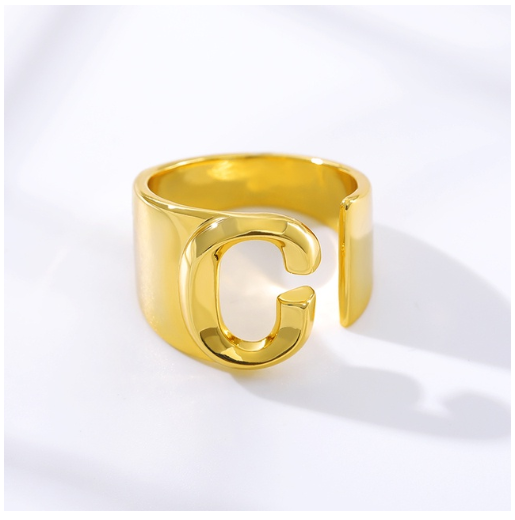 Maxzone Fashion Adjustable Open Gold Initial Rings For Women Stainless Steel A-Z Letter Ring Ladies Meaningful Wedding Jewelry Gift C