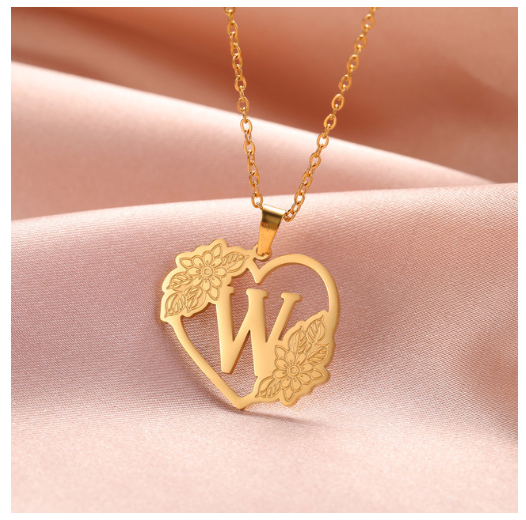A-Z Initial Flower Necklace Women Stainless Steel Letter Heart Pendant Necklace Choker W