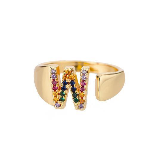 Maxzone Fashion Colorful Chunky Wide Letter A-Z Rings For Women Gold Opening Initial Letter Ring Femme Wedding Party Jewelry W