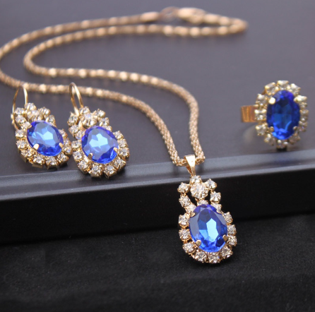 Women Gemstone Rhinestone Jewelry Set Pendant Necklace Earring Open Ring Wedding Jewelry Set