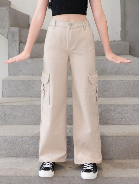 Tween Girl Loose Fit Straight Leg Cargo Denim Pants With Pockets, New Arrival