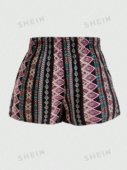 ROMWE Hippie Women's Geometric Print Elastic Waistband Shorts For Beach Vacation