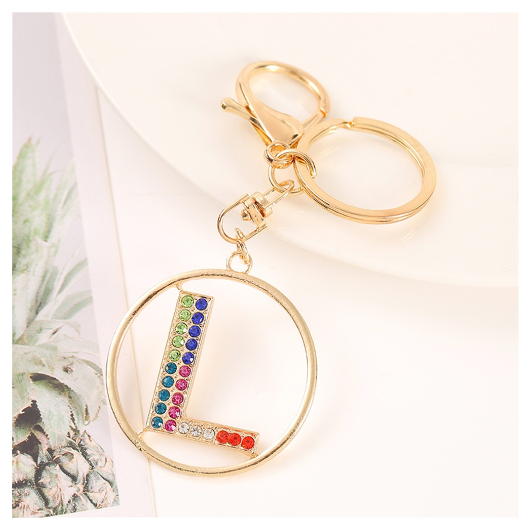 Colorful Rhinestone A-Z Letter Keychain Hollow Round Initials Alloy Keyring Bag Pendant Ornament DIY Accessories Charms Gift L
