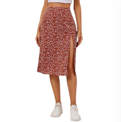 Lovito Casual Ditsy Floral Split A-Line High Waist Midi Skirt For Woman L18D019 (Red/Dark Blue)