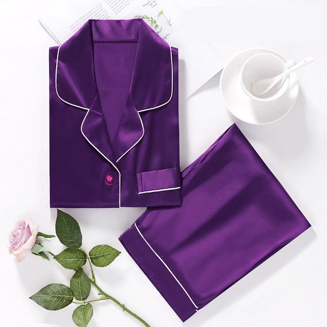 FallSweet Pajamas Sets For Women Silk Solid Sleepwear Plus Size Nigtwear Sets 5XL (Purple)