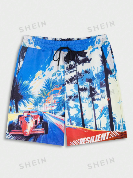 ROMWE Street Life Men's Palm Tree Print Woven Shorts, Suitable For Daily Wear In Spring And Summer