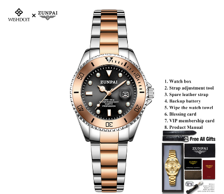 ZUNPAI Watch for Woman Original Waterproof Stainless Steel Silver Gold Business Fashion Trend Luminous Calendar Women Watch ROSEGOLD BLACK