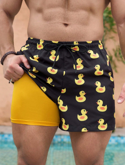 Men Duck Print Drawstring Waist Swim Beach Shorts