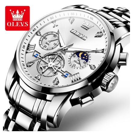 Olevs Watch For Men Waterproof Original Quartz Luminous Stainless Steel Multifunctional Watch WHITE DIAL SILVER CASE