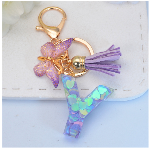 Sparkling 26 Letter Keychain With Butterfly Pendant Exquisite Heart Sequin Filled A-Z Initials Keyrings Bag Pendant Charms Gifts Y