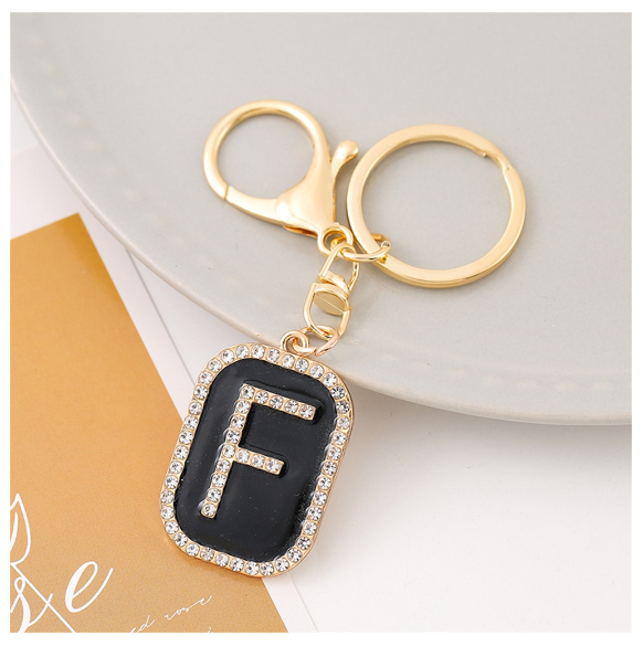 Exquisite Rhinestone 26 Letter Keychain Simple Black Enamel Initials Keyrings For Women Bag Pendant Ornament Car Keyholder Gifts F