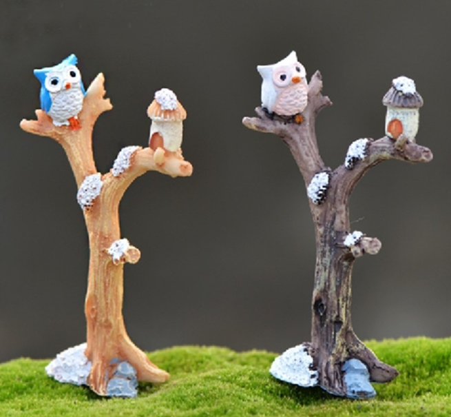 1Pcs Tree Fork Owl Miniature Landscape Ornament Garden Bonsai DollHouse Decoration