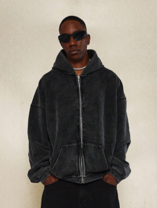 SUMWON Oversized Fit Essential Zip Through Premium Washed Hoodie