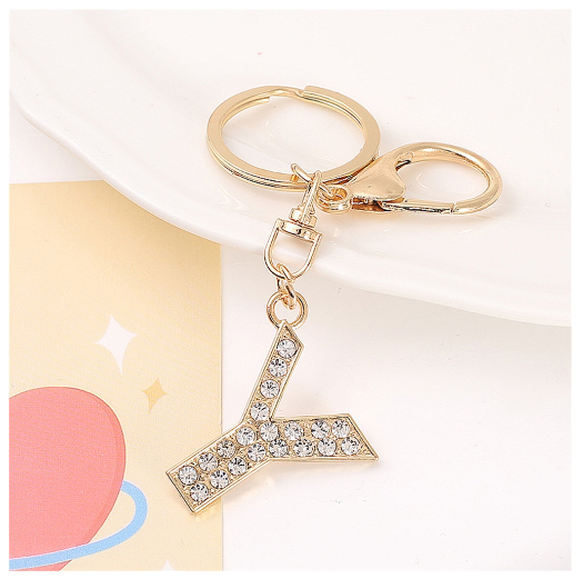 Simple Rhinestone 26 Letter Keychain Gold Color A-Z Initials Metal Keyrings For Women Car Keyholder Accessories Birthday Gifts Y