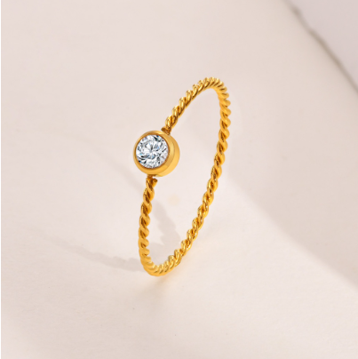 Stainless Steel-Set White Zircon Ring Gold Ring