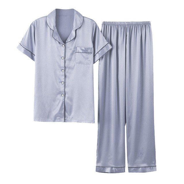 FallSweet Women Pajamas Sets Silk Solid Sleepwear Pyjamas Plus Size V Neck Nigtwear Sets (Silver)
