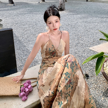 V-neck Minority Back Hollow-out Thin Suspender Dress