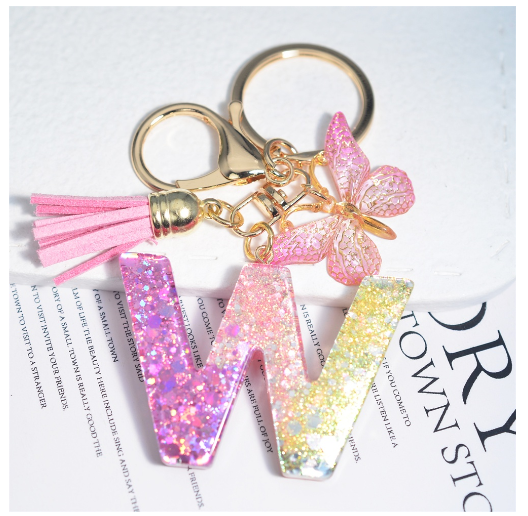 Glitter Sequin Filled 26 Letter Keychain With Tassel Exquisite Butterfly A-Z Alphabet Keyrings Women Bag Pendant Ornaments Gifts W