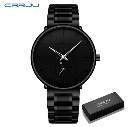 CRRJU Men's Fashion Black Stainless Steel Wrist Watch Waterproof Business Dress Watch for Men 2150S M25