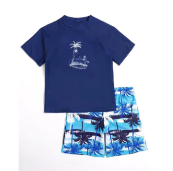 Boy Kids Swimsuit 2023 New Two Piece Blue Short Sleeves Children Swimwear Summer Print Shorts