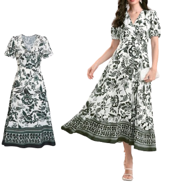 Lovito Women Boho Ditsy Floral Wrap Ball Gown Dress L71ED249 (Multi-Color)