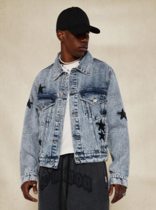 SUMWON Washed Trucker Denim Jacket With PU Patches & Embroidery