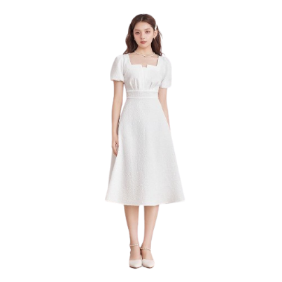 Lovito Women Romantic Plain Plicated Square Neck Good Texture Midi Length Dress L44AE019(White)