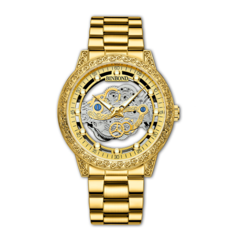 Binbond 100% Original Men's Double Hollow Fashion Stainless Steel Luxury Waterproof Gold Business Quartz Watch M4