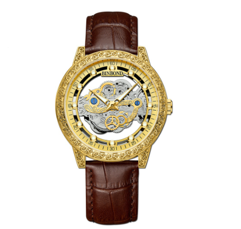 Binbond 100% Original Men's Double Hollow Fashion Stainless Steel Luxury Waterproof Gold Business Quartz Watch M1