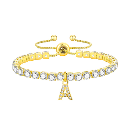 Vnox Cubic Zircon Letter Bracelet for Women Girl,18K Gold Handmade Initial Tennis Shiny Wedding Chain Link Jewelry Gift A