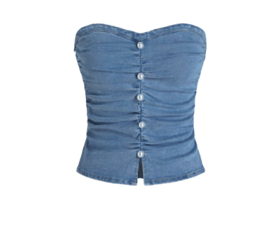 Lovito Women Washed Pearls Ruched Denim Top L62ED106 Blue