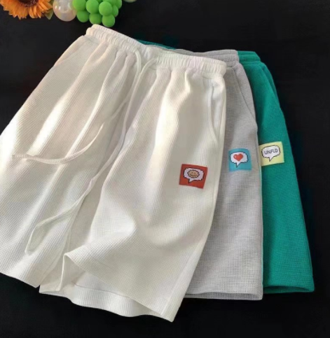 Korean Style Waffle Plain Color Labeling Drawstring Straight Shorts For Men Summer Trend Casual All Match Loose Youth Simple Sports Five Points Shorts Mens