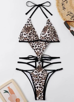 Women Swimsuit Leopard Print One Piece Hollow Out Bandage High Cut Bikini Swimwear