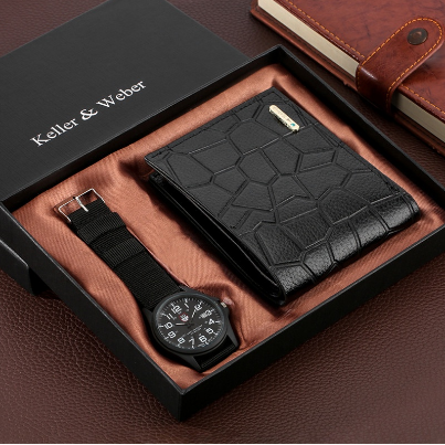 Men's Unique Present Arabic Number Quartz Wrist Watch Nylon Band with Black Leather Short Wallet Festival Gift Set To Lover