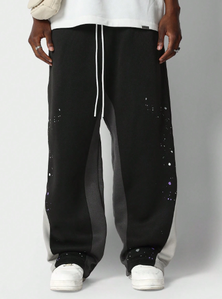 SUMWON Loose Fit Baggy Drop Crotch Colour Blocked Jogger With Paint Print