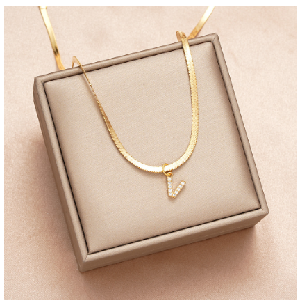 Luxury 18K Gold A-Z Initial Letter Necklace for Women Stainless Steel Snake Zircon Pendant Choker Accessories Jewelry V