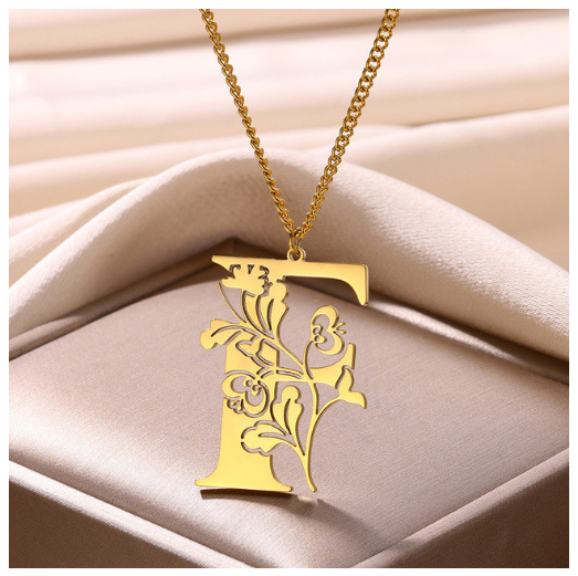 Beauty Flower A-Z Letter Necklaces for Women Men Stainless Steels Flower Initial Pendant Necklace F