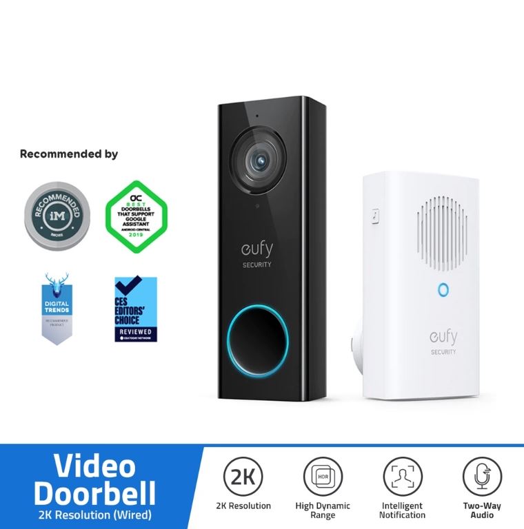 eufy by Anker Wired Video Doorbell, Smart Doorbell, 2 Way Audio, Free Wireless Electronic Chime